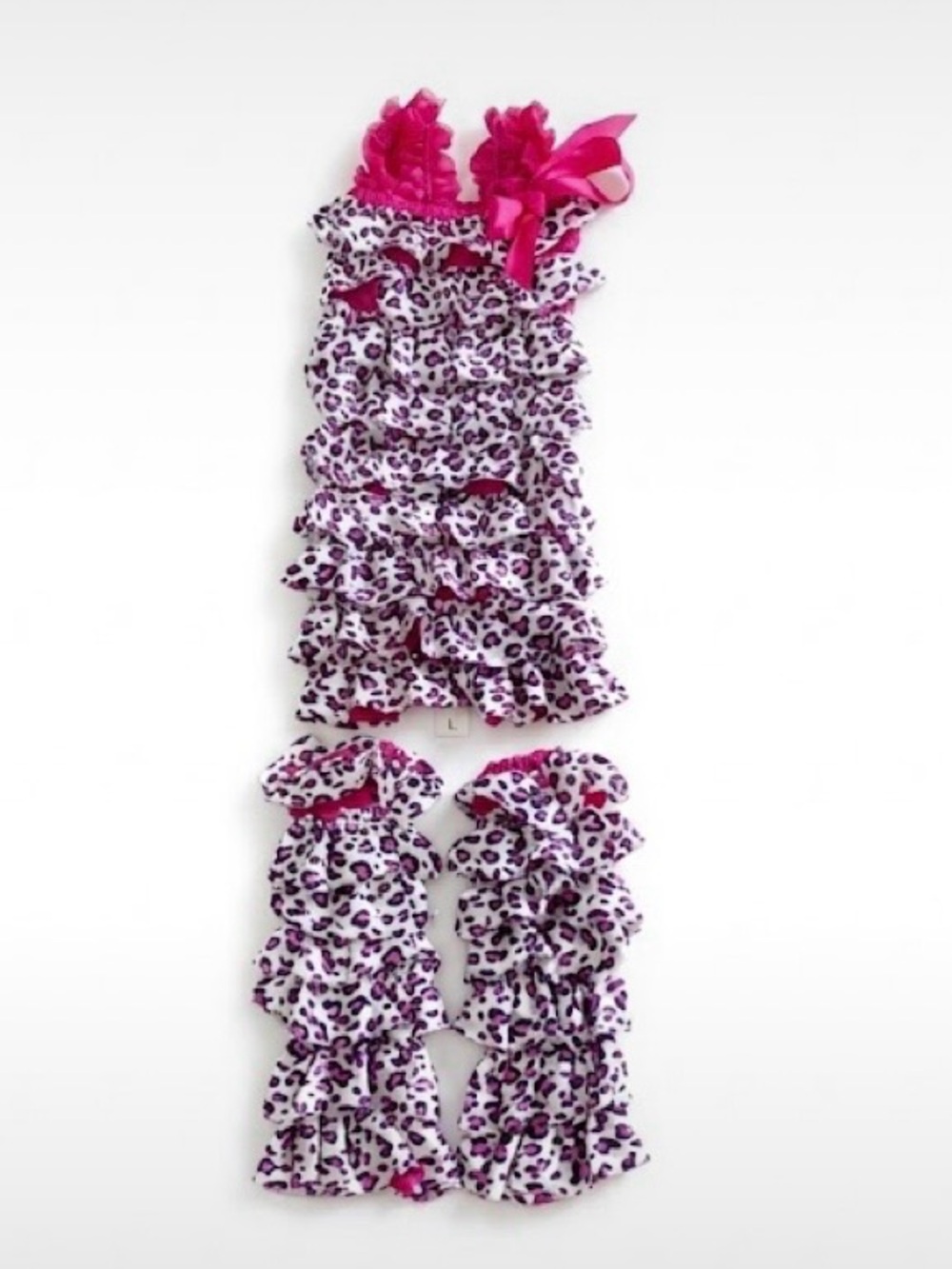 Handmade Baby Girl Barbie Pink Leopard Ruffle Romper With Leg Warmers Set 12-18M